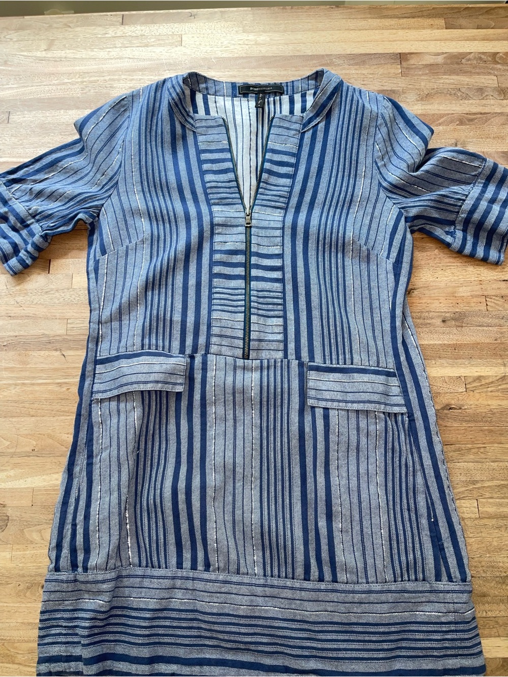 BCBGMaxAzria Blue and Light Blue Vertical Stripe Zip Front Dress | Women’s Small